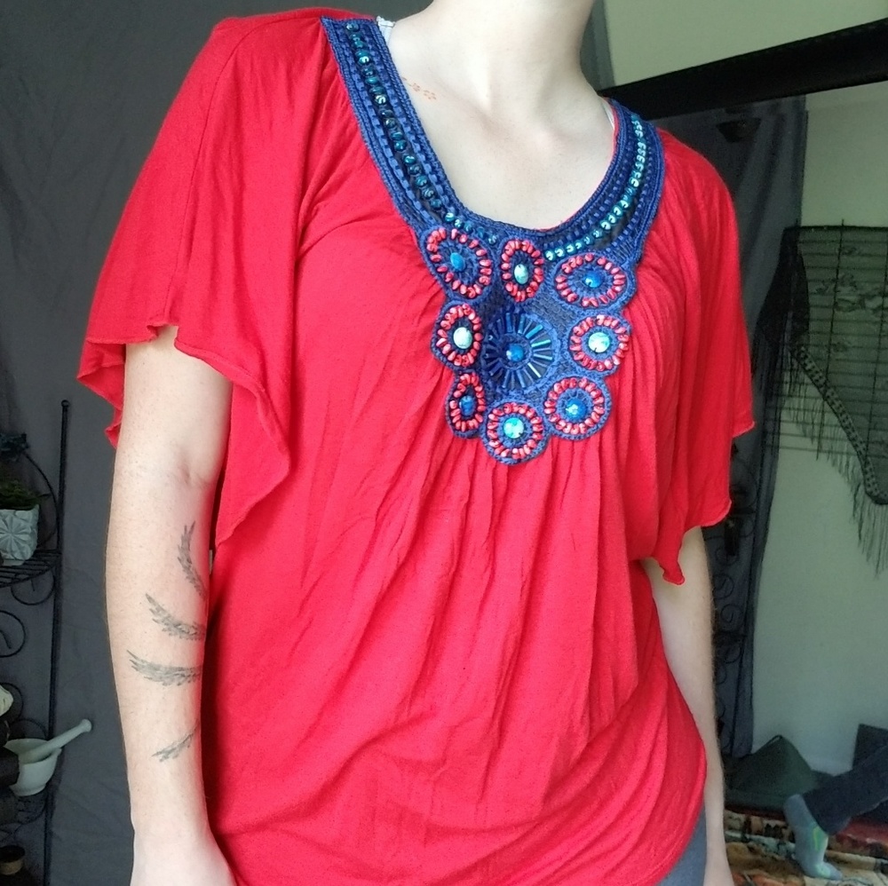 Halo Red & Blue Beaded Short Sleeve Flowing Shirt